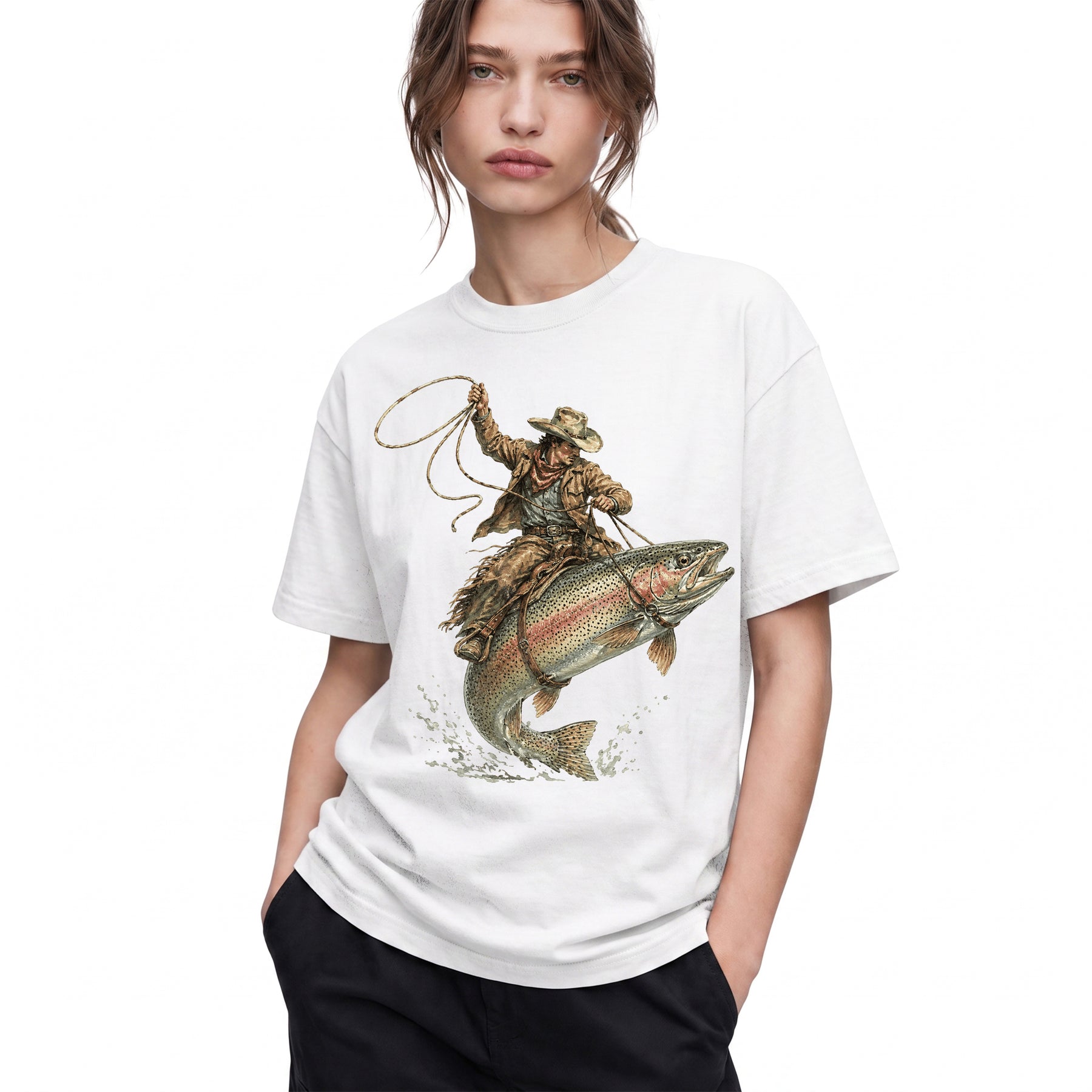 SF_COLOR=white; SF_ITEM=adult-t-shirt; SF_ROLE=gallery; Cowboy Jumping Trout Fish T-Shirt Dynamic Western Fishing Tee - White Adult T-Shirt product image