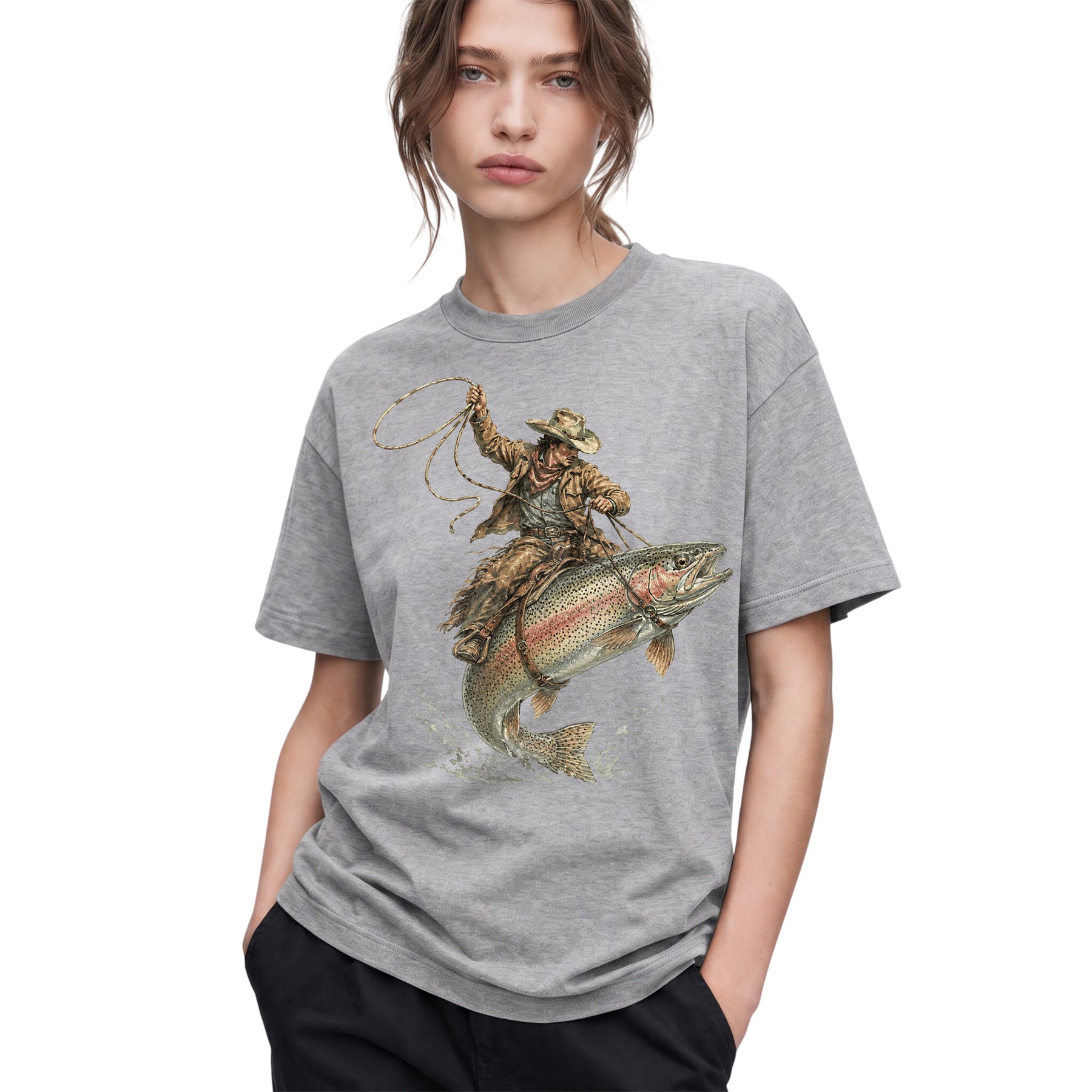 SF_COLOR=sport-grey; SF_ITEM=adult-t-shirt; SF_ROLE=gallery; Cowboy Jumping Trout Fish T-Shirt Dynamic Western Fishing Tee - Sport Grey Adult T-Shirt product image
