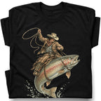 SF_COLOR=black; SF_ITEM=adult-t-shirt; SF_ROLE=gallery; Cowboy Jumping Trout Fish T-Shirt Dynamic Western Fishing Tee - Black Adult T-Shirt product image