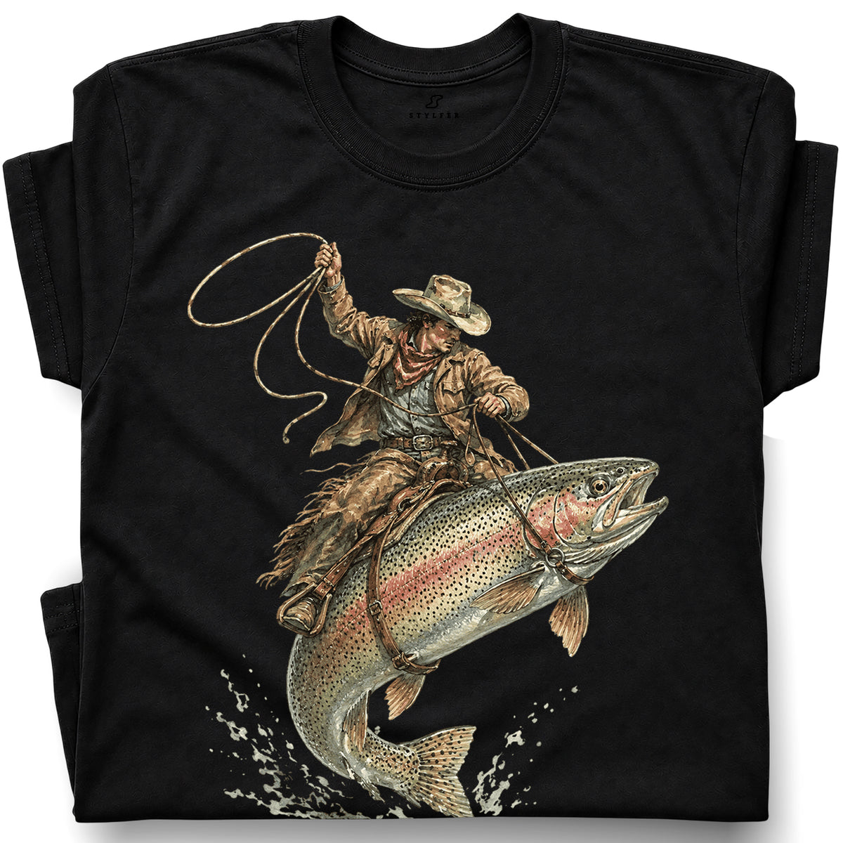 SF_COLOR=black; SF_ITEM=adult-t-shirt; SF_ROLE=gallery; Cowboy Jumping Trout Fish T-Shirt Dynamic Western Fishing Tee - Black Adult T-Shirt product image