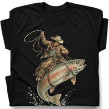 SF_COLOR=black; SF_ITEM=adult-t-shirt; SF_ROLE=gallery; Cowboy Jumping Trout Fish T-Shirt Dynamic Western Fishing Tee - Black Adult T-Shirt product image