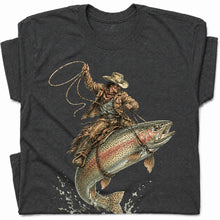 SF_COLOR=dark-heather; SF_ITEM=adult-t-shirt; SF_ROLE=gallery; Cowboy Jumping Trout Fish T-Shirt Dynamic Western Fishing Tee - Dark Heather Adult T-Shirt product image