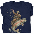 SF_COLOR=navy; SF_ITEM=adult-t-shirt; SF_ROLE=gallery; Cowboy Jumping Trout Fish T-Shirt Dynamic Western Fishing Tee - Navy Adult T-Shirt product image