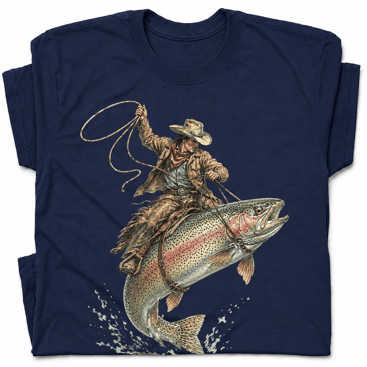 SF_COLOR=navy; SF_ITEM=adult-t-shirt; SF_ROLE=gallery; Cowboy Jumping Trout Fish T-Shirt Dynamic Western Fishing Tee - Navy Adult T-Shirt product image