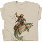 SF_COLOR=sand; SF_ITEM=adult-t-shirt; SF_ROLE=gallery; Cowboy Jumping Trout Fish T-Shirt Dynamic Western Fishing Tee - Sand Adult T-Shirt product image