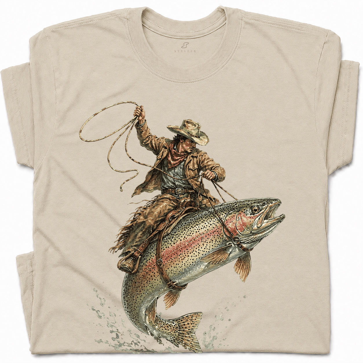 SF_COLOR=sand; SF_ITEM=adult-t-shirt; SF_ROLE=gallery; Cowboy Jumping Trout Fish T-Shirt Dynamic Western Fishing Tee - Sand Adult T-Shirt product image