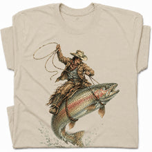SF_COLOR=sand; SF_ITEM=adult-t-shirt; SF_ROLE=gallery; Cowboy Jumping Trout Fish T-Shirt Dynamic Western Fishing Tee - Sand Adult T-Shirt product image