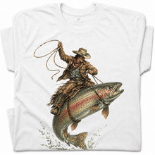 SF_COLOR=white; SF_ITEM=adult-t-shirt; SF_ROLE=gallery; Cowboy Jumping Trout Fish T-Shirt Dynamic Western Fishing Tee - White Adult T-Shirt product image