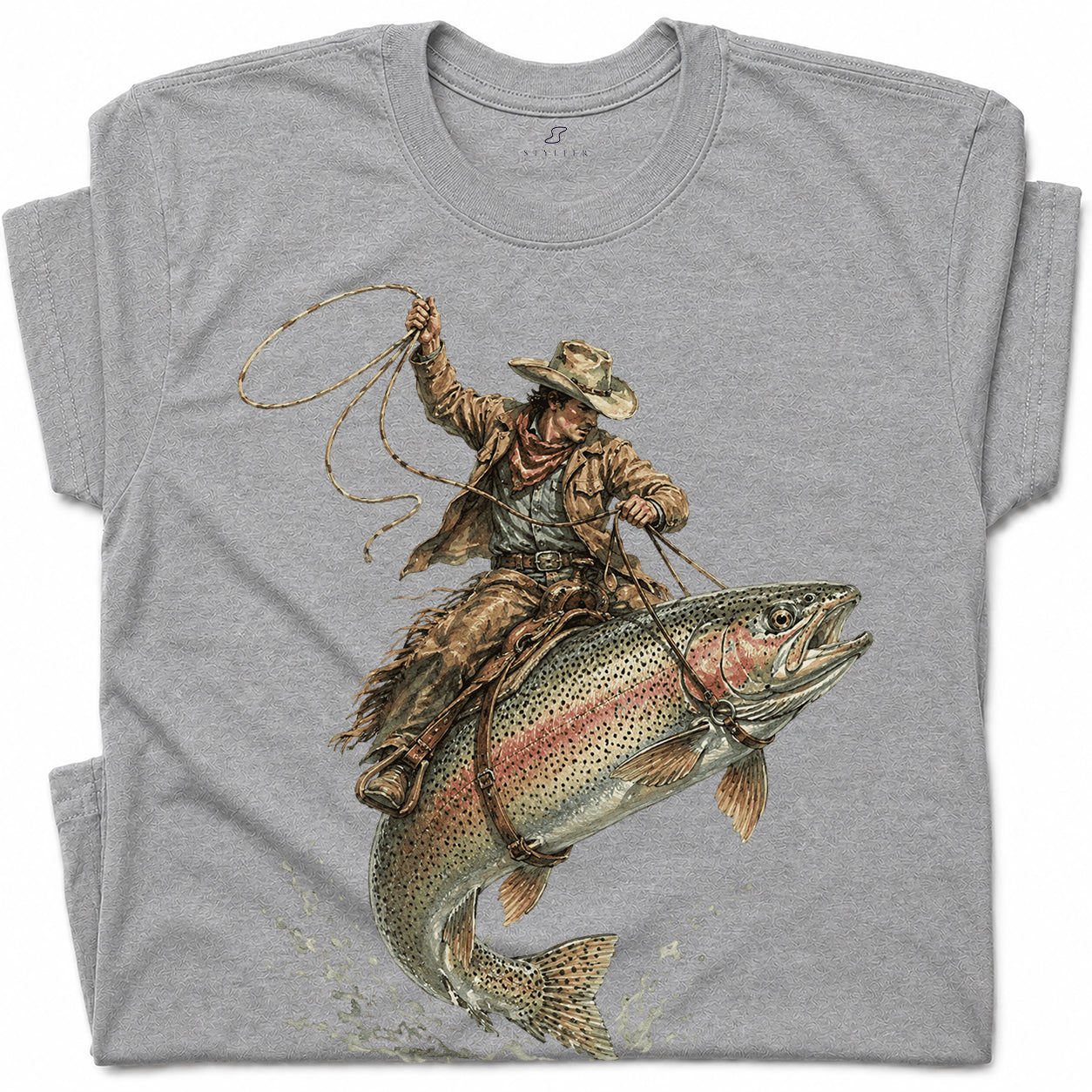 SF_COLOR=sport-grey; SF_ITEM=adult-t-shirt; SF_ROLE=gallery; Cowboy Jumping Trout Fish T-Shirt Dynamic Western Fishing Tee - Sport Grey Adult T-Shirt product image