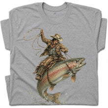 SF_COLOR=sport-grey; SF_ITEM=adult-t-shirt; SF_ROLE=gallery; Cowboy Jumping Trout Fish T-Shirt Dynamic Western Fishing Tee - Sport Grey Adult T-Shirt product image