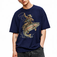 SF_COLOR=navy; SF_ITEM=adult-t-shirt; SF_ROLE=main; Cowboy Jumping Trout Fish T-Shirt Dynamic Western Fishing Tee - Navy Adult T-Shirt product image