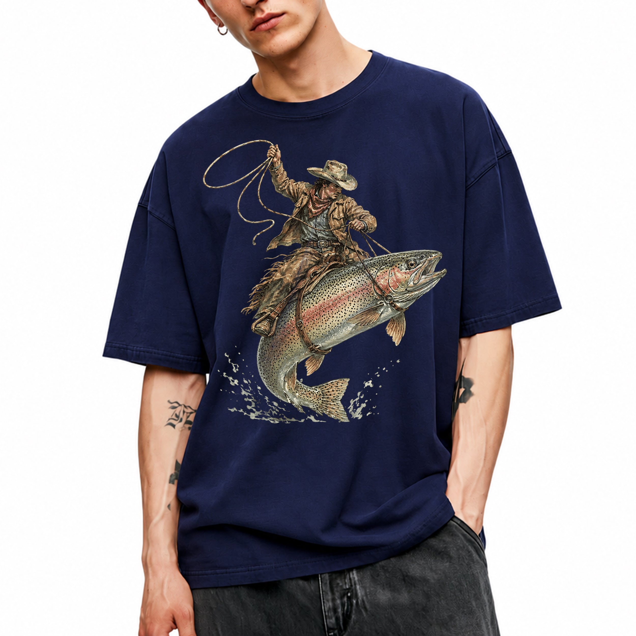 SF_COLOR=navy; SF_ITEM=adult-t-shirt; SF_ROLE=main; Cowboy Jumping Trout Fish T-Shirt Dynamic Western Fishing Tee - Navy Adult T-Shirt product image