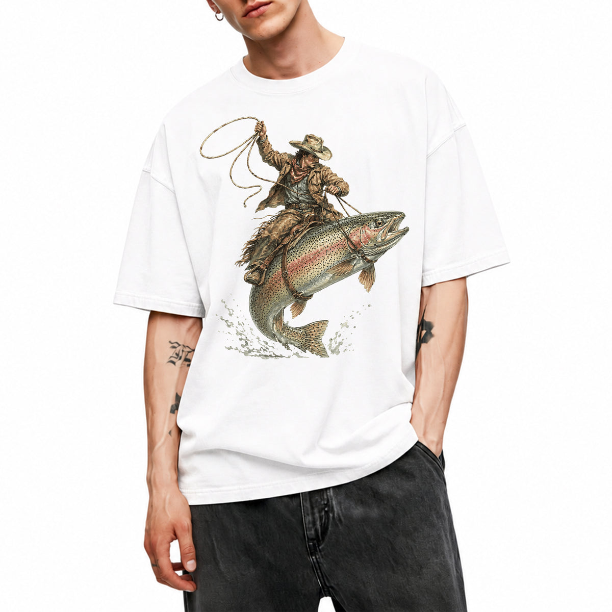 SF_COLOR=white; SF_ITEM=adult-t-shirt; SF_ROLE=main; Cowboy Jumping Trout Fish T-Shirt Dynamic Western Fishing Tee - White Adult T-Shirt product image