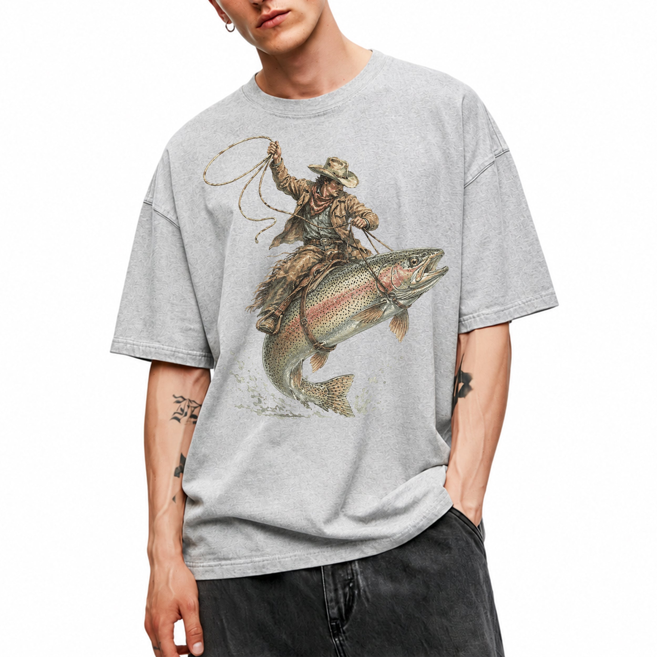 SF_COLOR=sport-grey; SF_ITEM=adult-t-shirt; SF_ROLE=main; Cowboy Jumping Trout Fish T-Shirt Dynamic Western Fishing Tee - Sport Grey Adult T-Shirt product image