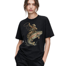SF_COLOR=black; SF_ITEM=adult-t-shirt; SF_ROLE=gallery; Cowboy Jumping Trout Fish T-Shirt Dynamic Western Fishing Tee - Black Adult T-Shirt product image