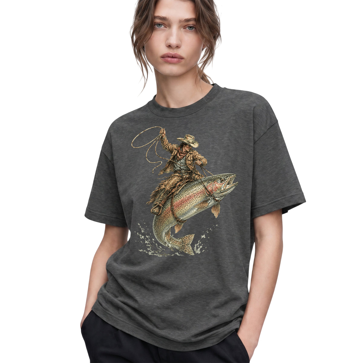 SF_COLOR=dark-heather; SF_ITEM=adult-t-shirt; SF_ROLE=gallery; Cowboy Jumping Trout Fish T-Shirt Dynamic Western Fishing Tee - Dark Heather Adult T-Shirt product image