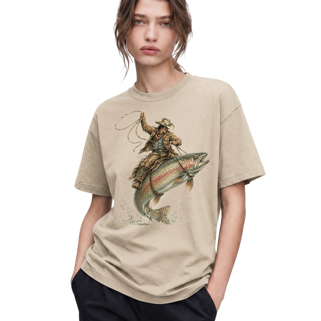 SF_COLOR=sand; SF_ITEM=adult-t-shirt; SF_ROLE=gallery; Cowboy Jumping Trout Fish T-Shirt Dynamic Western Fishing Tee - Sand Adult T-Shirt product image