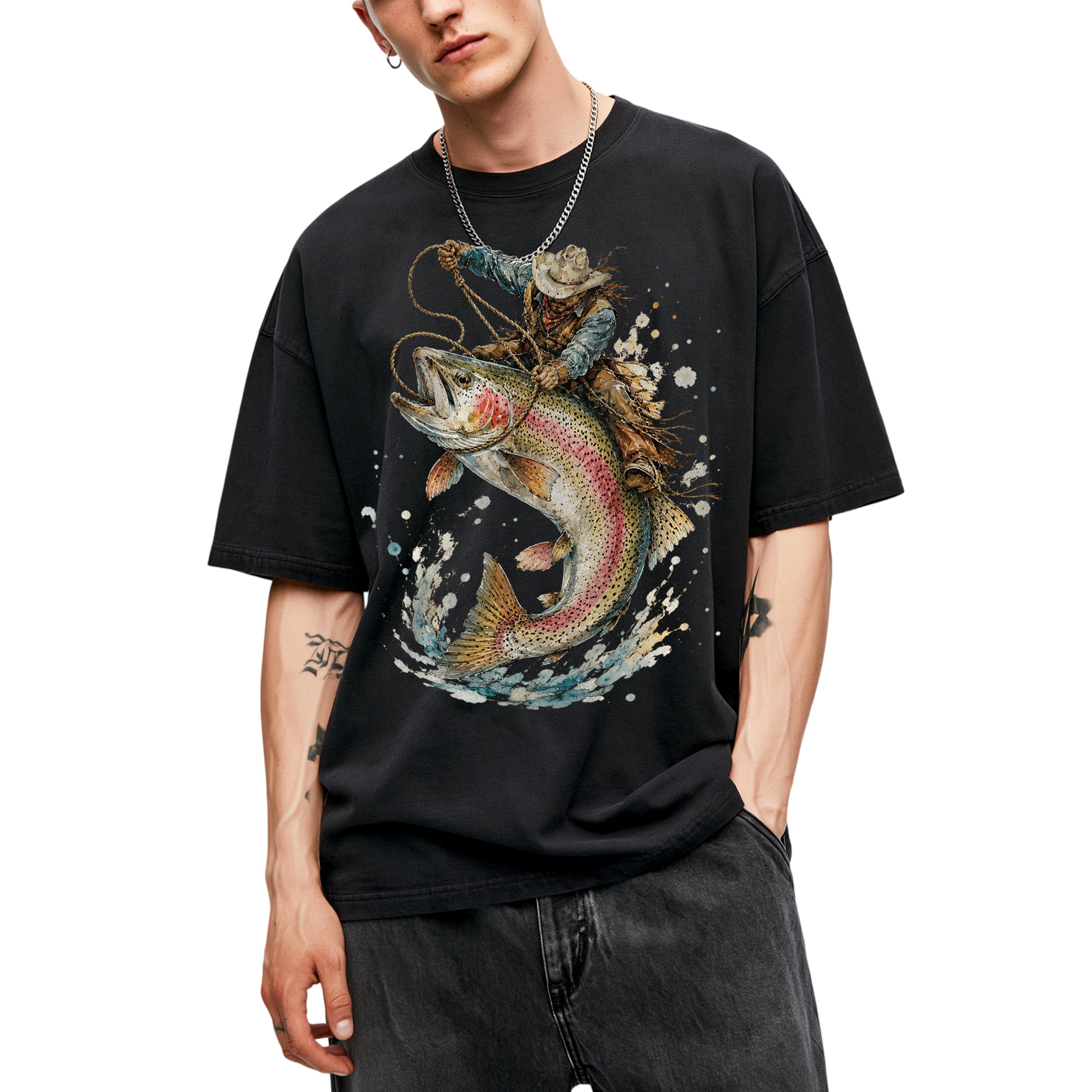 SF_COLOR=black; SF_ITEM=adult-t-shirt; SF_ROLE=main; Cowboy Lasso Big Trout Fish T-Shirt Funny Rodeo Fishing Adventure Tee - Black Adult T-Shirt product image