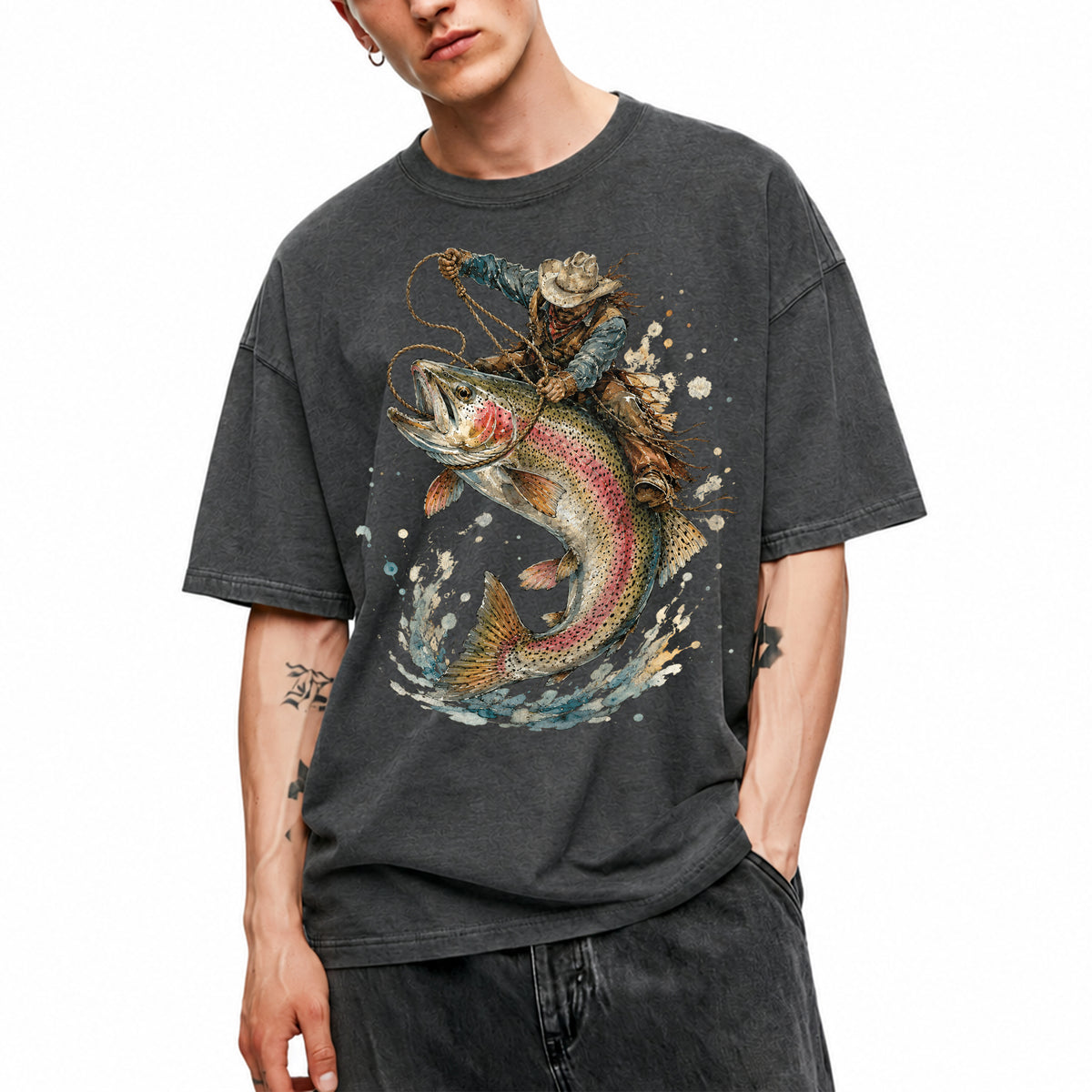 SF_COLOR=dark-heather; SF_ITEM=adult-t-shirt; SF_ROLE=main; Cowboy Lasso Big Trout Fish T-Shirt Funny Rodeo Fishing Adventure Tee - Dark Heather Adult T-Shirt product image