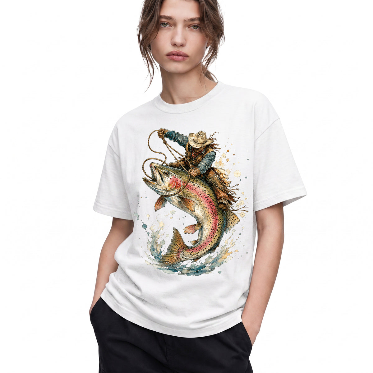 SF_COLOR=white; SF_ITEM=adult-t-shirt; SF_ROLE=gallery; Cowboy Lasso Big Trout Fish T-Shirt Funny Rodeo Fishing Adventure Tee - White Adult T-Shirt product image