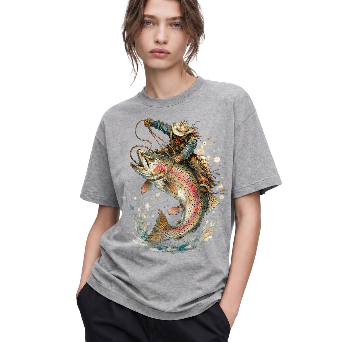 SF_COLOR=sport-grey; SF_ITEM=adult-t-shirt; SF_ROLE=gallery; Cowboy Lasso Big Trout Fish T-Shirt Funny Rodeo Fishing Adventure Tee - Sport Grey Adult T-Shirt product image