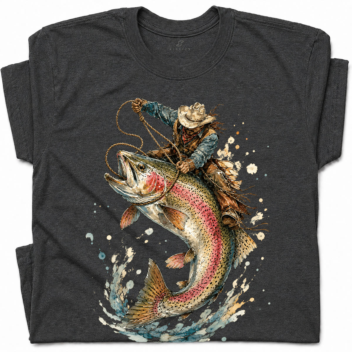 SF_COLOR=dark-heather; SF_ITEM=adult-t-shirt; SF_ROLE=gallery; Cowboy Lasso Big Trout Fish T-Shirt Funny Rodeo Fishing Adventure Tee - Dark Heather Adult T-Shirt product image