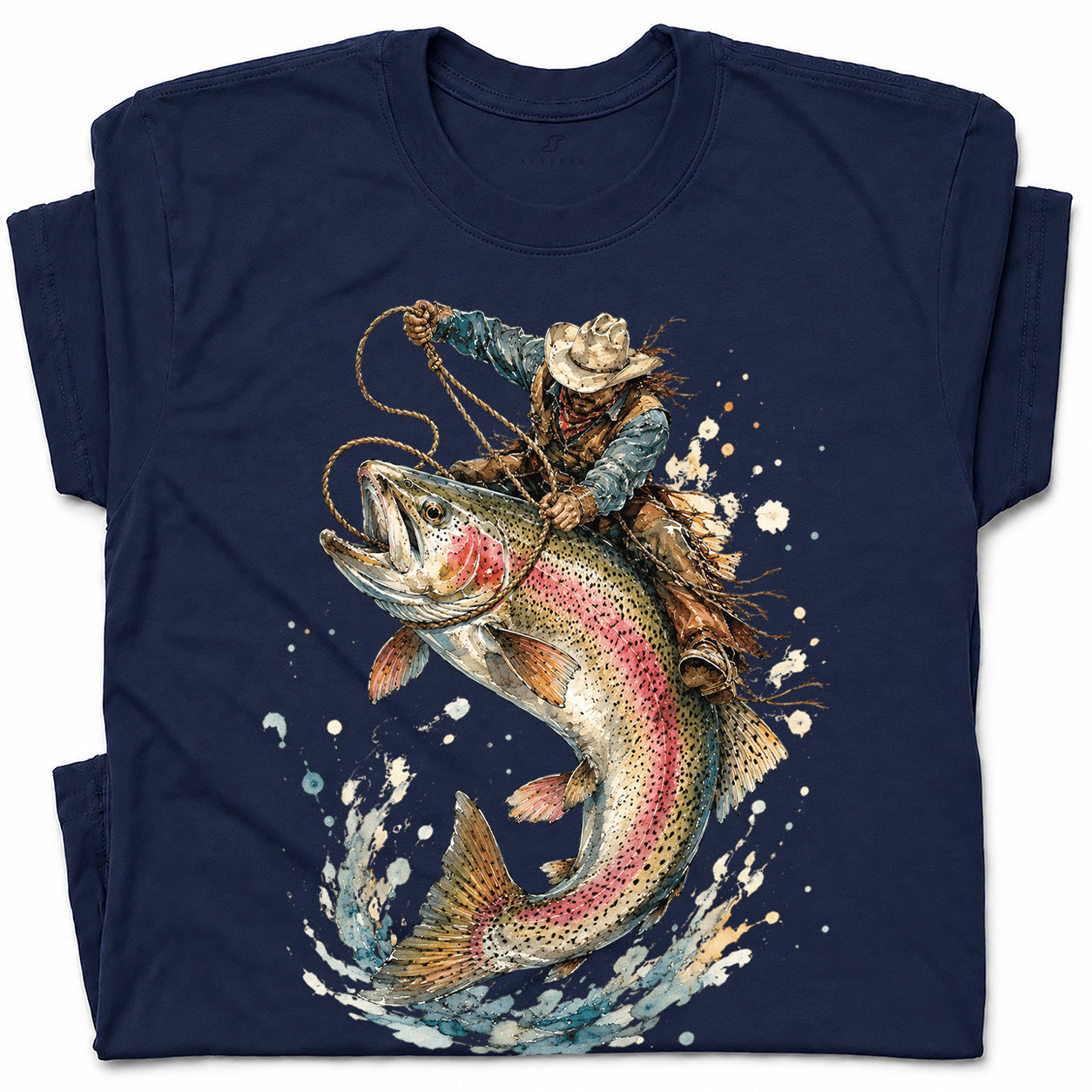 SF_COLOR=navy; SF_ITEM=adult-t-shirt; SF_ROLE=gallery; Cowboy Lasso Big Trout Fish T-Shirt Funny Rodeo Fishing Adventure Tee - Navy Adult T-Shirt product image