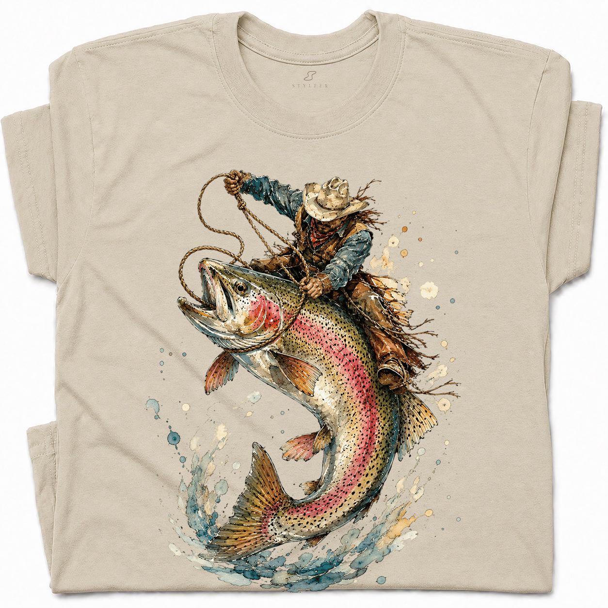 SF_COLOR=sand; SF_ITEM=adult-t-shirt; SF_ROLE=gallery; Cowboy Lasso Big Trout Fish T-Shirt Funny Rodeo Fishing Adventure Tee - Sand Adult T-Shirt product image