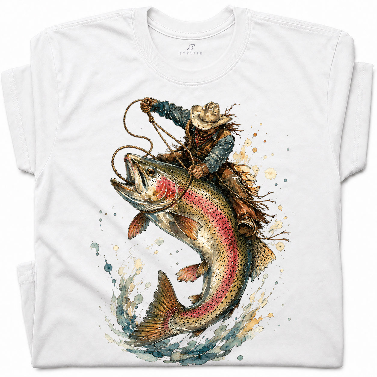 SF_COLOR=white; SF_ITEM=adult-t-shirt; SF_ROLE=gallery; Cowboy Lasso Big Trout Fish T-Shirt Funny Rodeo Fishing Adventure Tee - White Adult T-Shirt product image
