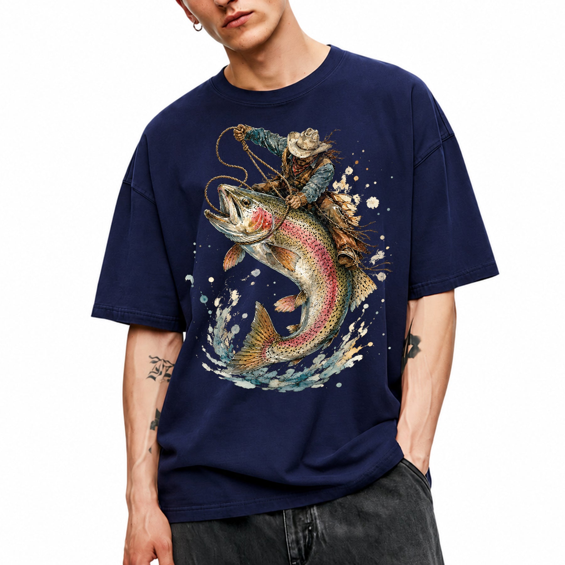 SF_COLOR=navy; SF_ITEM=adult-t-shirt; SF_ROLE=main; Cowboy Lasso Big Trout Fish T-Shirt Funny Rodeo Fishing Adventure Tee - Navy Adult T-Shirt product image
