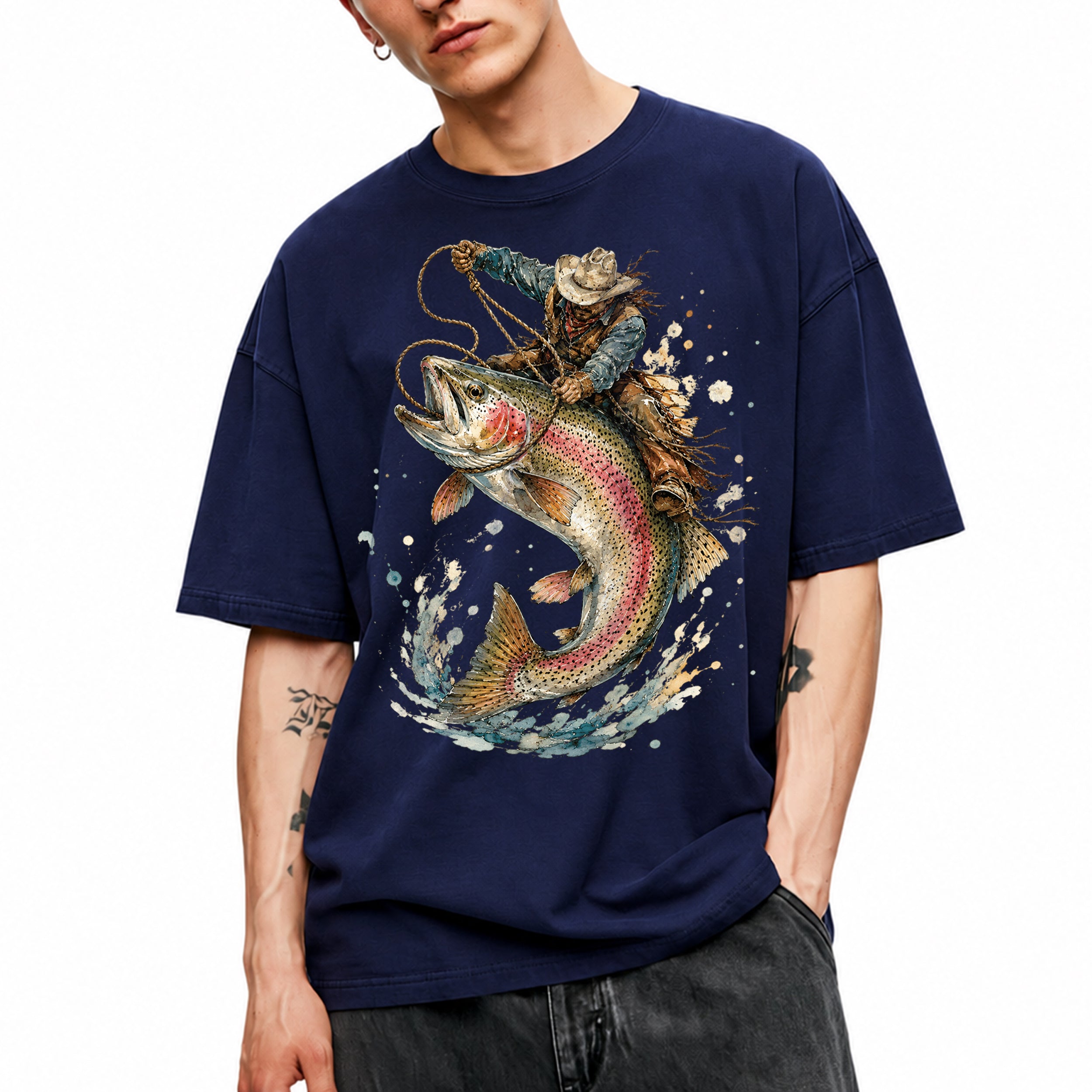 SF_COLOR=navy; SF_ITEM=adult-t-shirt; SF_ROLE=main; Cowboy Lasso Big Trout Fish T-Shirt Funny Rodeo Fishing Adventure Tee - Navy Adult T-Shirt product image