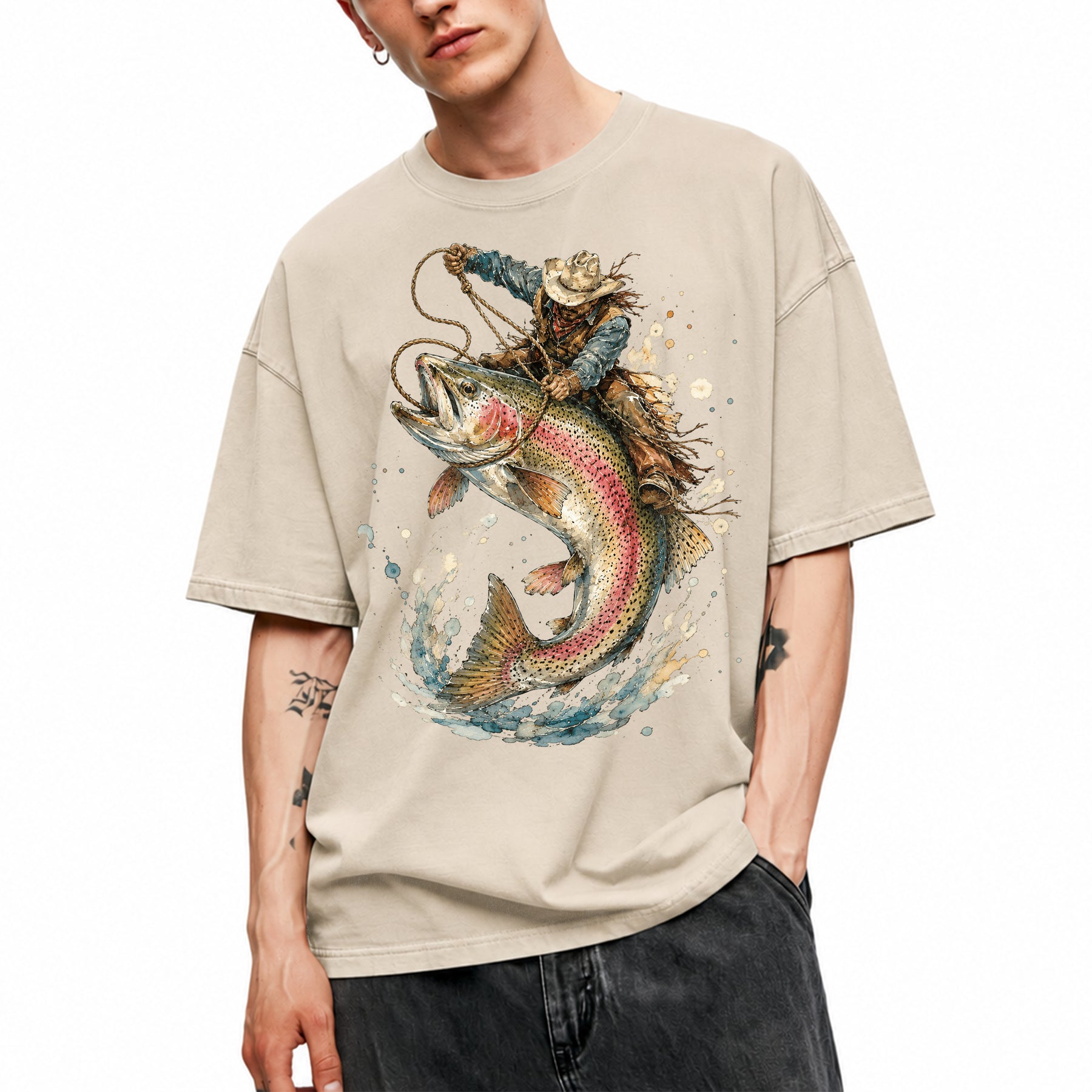 SF_COLOR=sand; SF_ITEM=adult-t-shirt; SF_ROLE=main; Cowboy Lasso Big Trout Fish T-Shirt Funny Rodeo Fishing Adventure Tee - Sand Adult T-Shirt product image