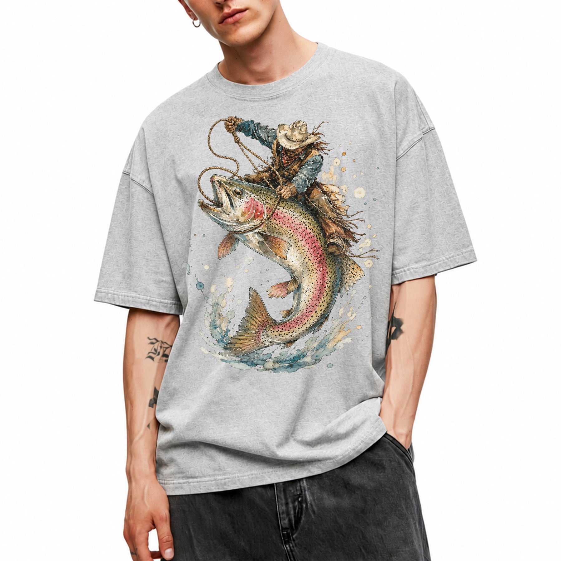 SF_COLOR=sport-grey; SF_ITEM=adult-t-shirt; SF_ROLE=main; Cowboy Lasso Big Trout Fish T-Shirt Funny Rodeo Fishing Adventure Tee - Sport Grey Adult T-Shirt product image