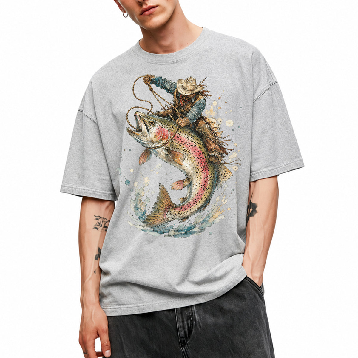 SF_COLOR=sport-grey; SF_ITEM=adult-t-shirt; SF_ROLE=main; Cowboy Lasso Big Trout Fish T-Shirt Funny Rodeo Fishing Adventure Tee - Sport Grey Adult T-Shirt product image