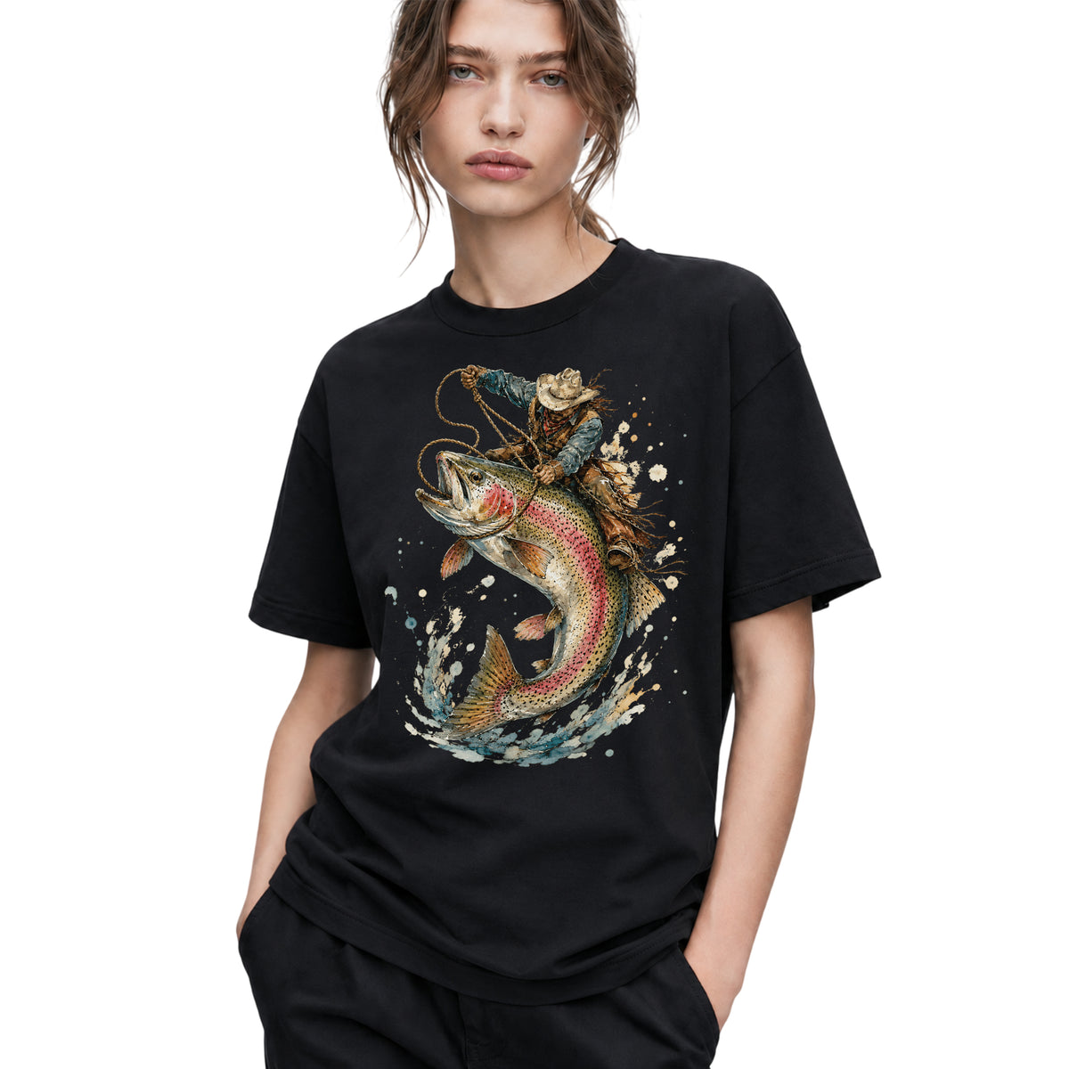 SF_COLOR=black; SF_ITEM=adult-t-shirt; SF_ROLE=gallery; Cowboy Lasso Big Trout Fish T-Shirt Funny Rodeo Fishing Adventure Tee - Black Adult T-Shirt product image