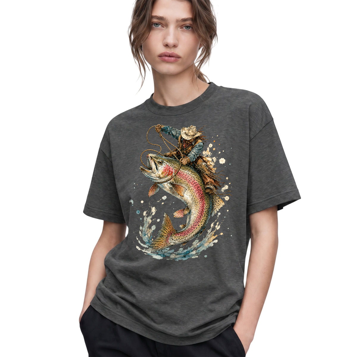 SF_COLOR=dark-heather; SF_ITEM=adult-t-shirt; SF_ROLE=gallery; Cowboy Lasso Big Trout Fish T-Shirt Funny Rodeo Fishing Adventure Tee - Dark Heather Adult T-Shirt product image