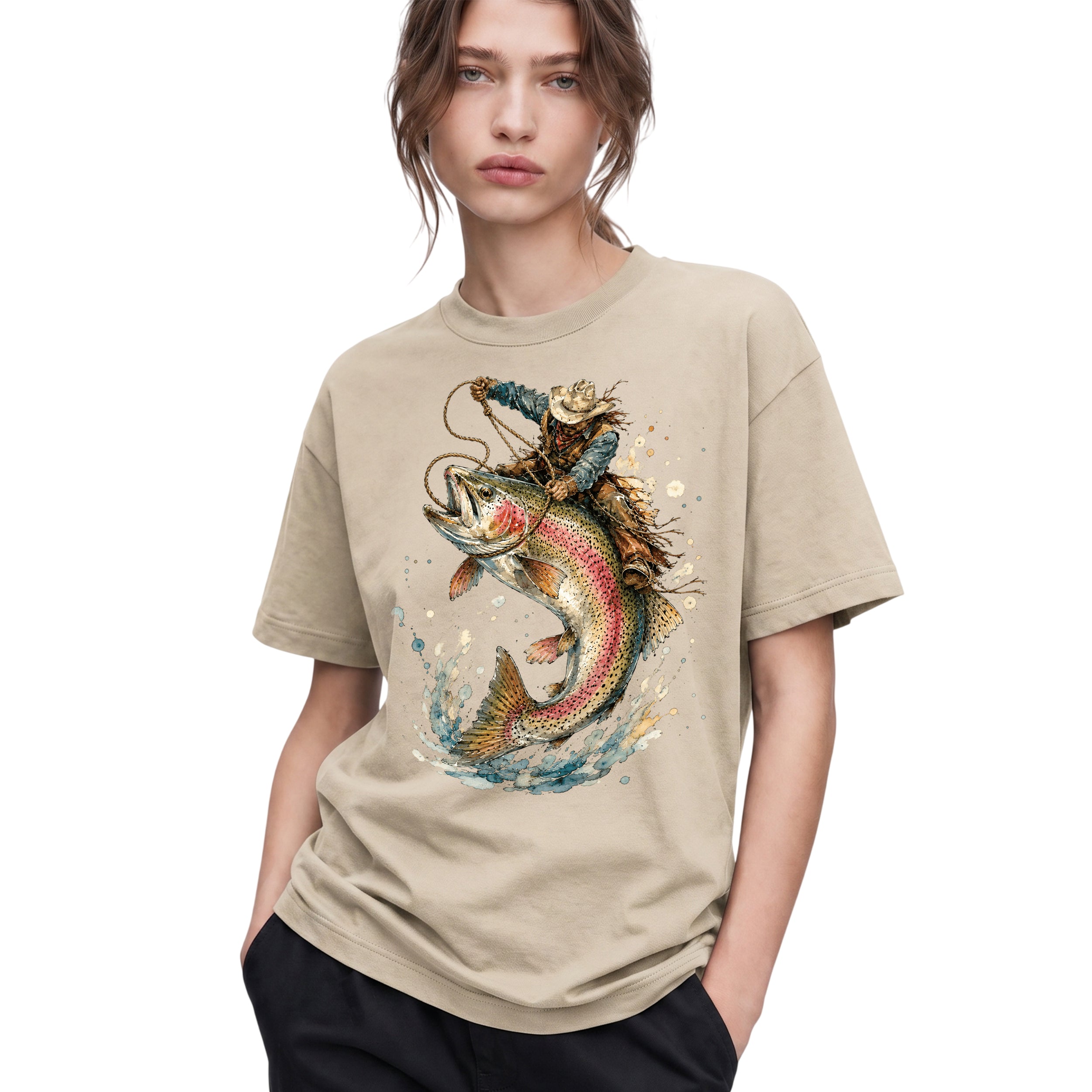 SF_COLOR=sand; SF_ITEM=adult-t-shirt; SF_ROLE=gallery; Cowboy Lasso Big Trout Fish T-Shirt Funny Rodeo Fishing Adventure Tee - Sand Adult T-Shirt product image