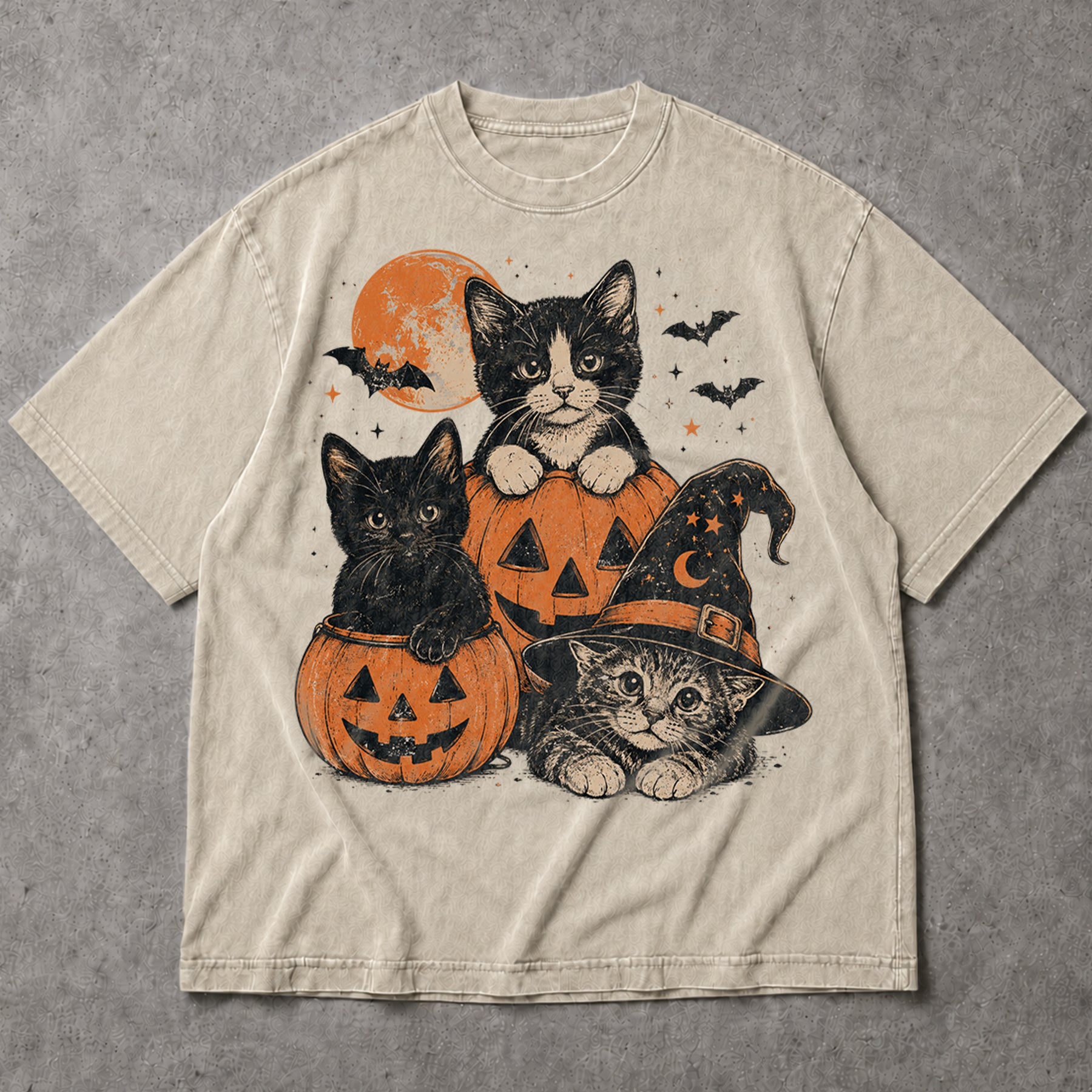 SF_COLOR=black|sand; SF_ITEM=adult-t-shirt; SF_ROLE=main; Cute Cats Pumpkins T-Shirt Vintage Spooky Witch Hat Halloween Tee - Black, Sand Adult T-Shirt product image