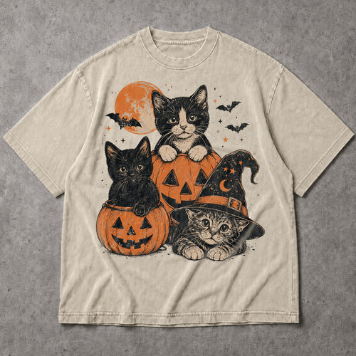 SF_COLOR=black|sand; SF_ITEM=adult-t-shirt; SF_ROLE=main; Cute Cats Pumpkins T-Shirt Vintage Spooky Witch Hat Halloween Tee - Black, Sand Adult T-Shirt product image