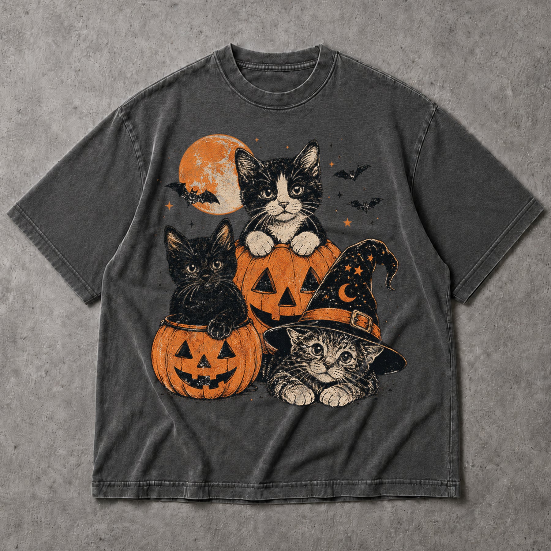 SF_COLOR=black|dark-heather; SF_ITEM=adult-t-shirt; SF_ROLE=main; Cute Cats Pumpkins T-Shirt Vintage Spooky Witch Hat Halloween Tee - Black, Dark Heather Adult T-Shirt product image