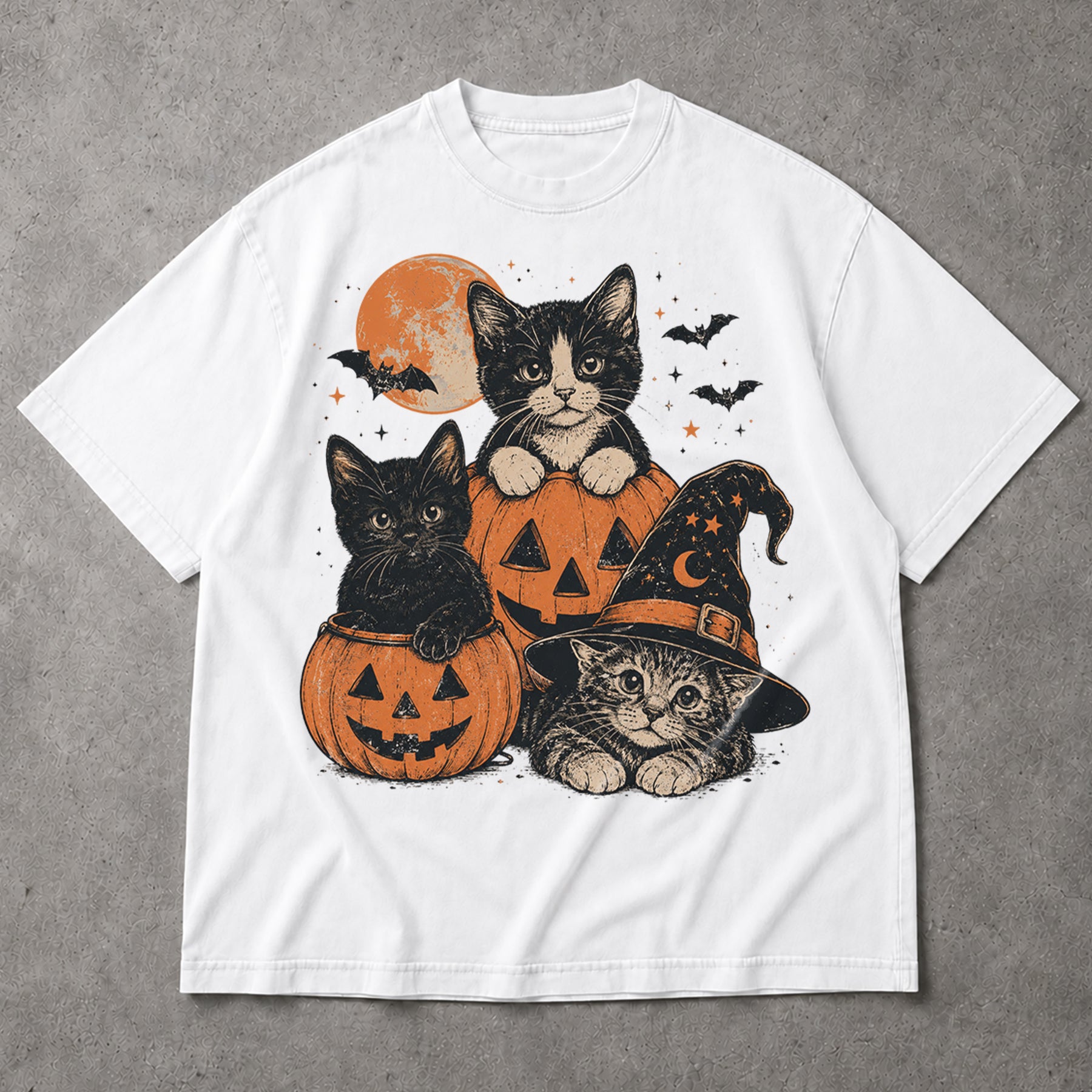 SF_COLOR=black|white; SF_ITEM=adult-t-shirt; SF_ROLE=main; Cute Cats Pumpkins T-Shirt Vintage Spooky Witch Hat Halloween Tee - Black, White Adult T-Shirt product image