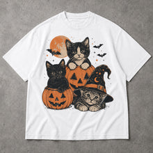 SF_COLOR=black|white; SF_ITEM=adult-t-shirt; SF_ROLE=main; Cute Cats Pumpkins T-Shirt Vintage Spooky Witch Hat Halloween Tee - Black, White Adult T-Shirt product image