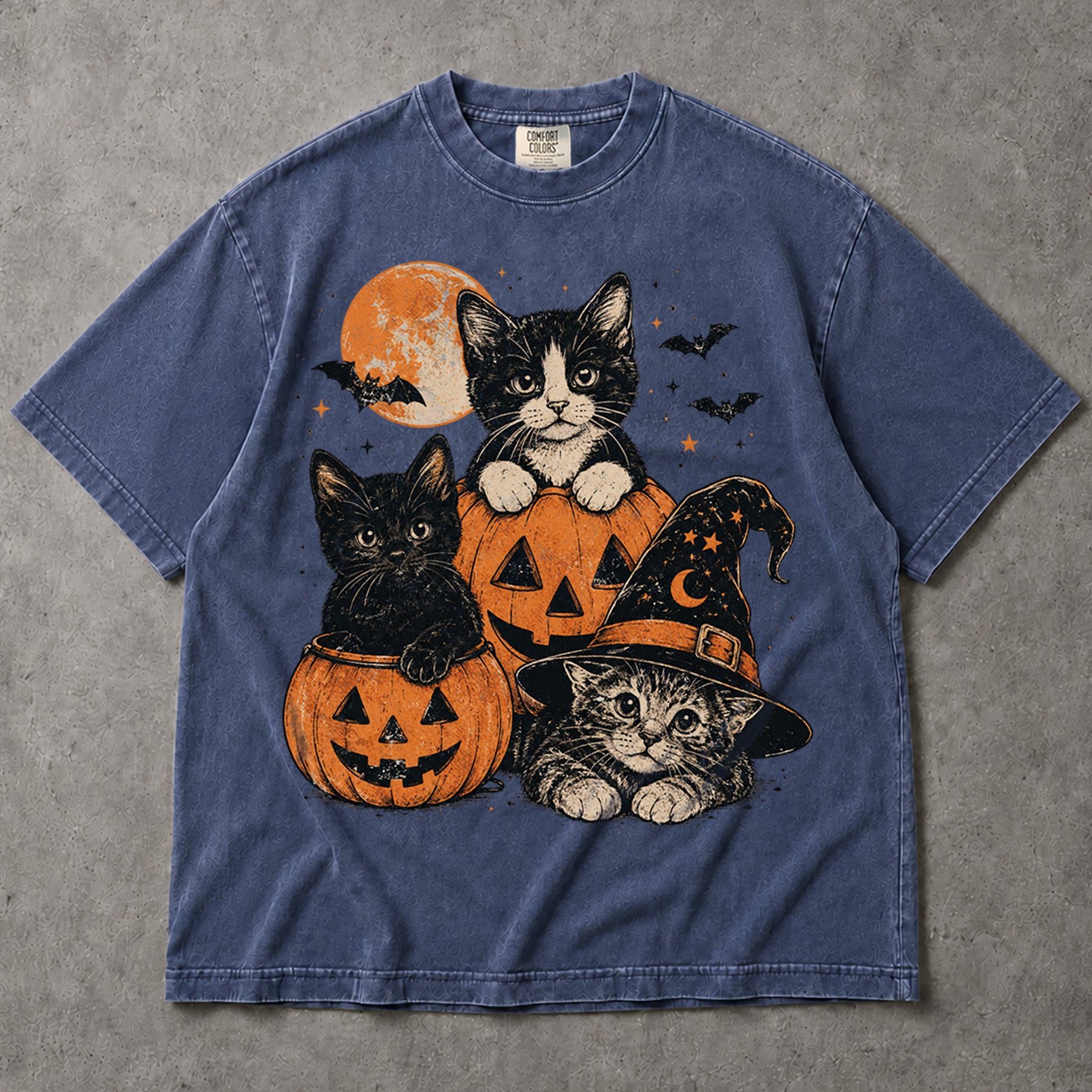 SF_COLOR=black|sport-grey|denim; SF_ITEM=adult-t-shirt; SF_ROLE=main; Cute Cats Pumpkins T-Shirt Vintage Spooky Witch Hat Halloween Tee - Black, Sport Grey, Denim Adult T-Shirt product image
