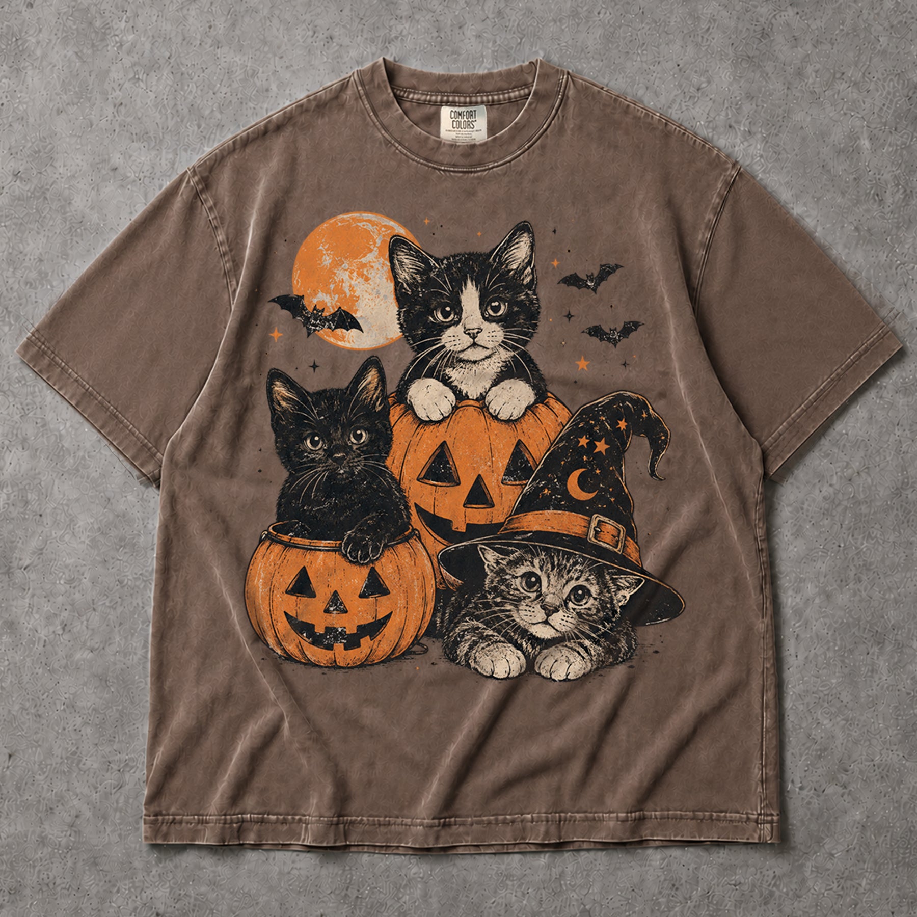 SF_COLOR=black|sport-grey|espresso; SF_ITEM=adult-t-shirt; SF_ROLE=main; Cute Cats Pumpkins T-Shirt Vintage Spooky Witch Hat Halloween Tee - Black, Sport Grey, Espresso Adult T-Shirt product image