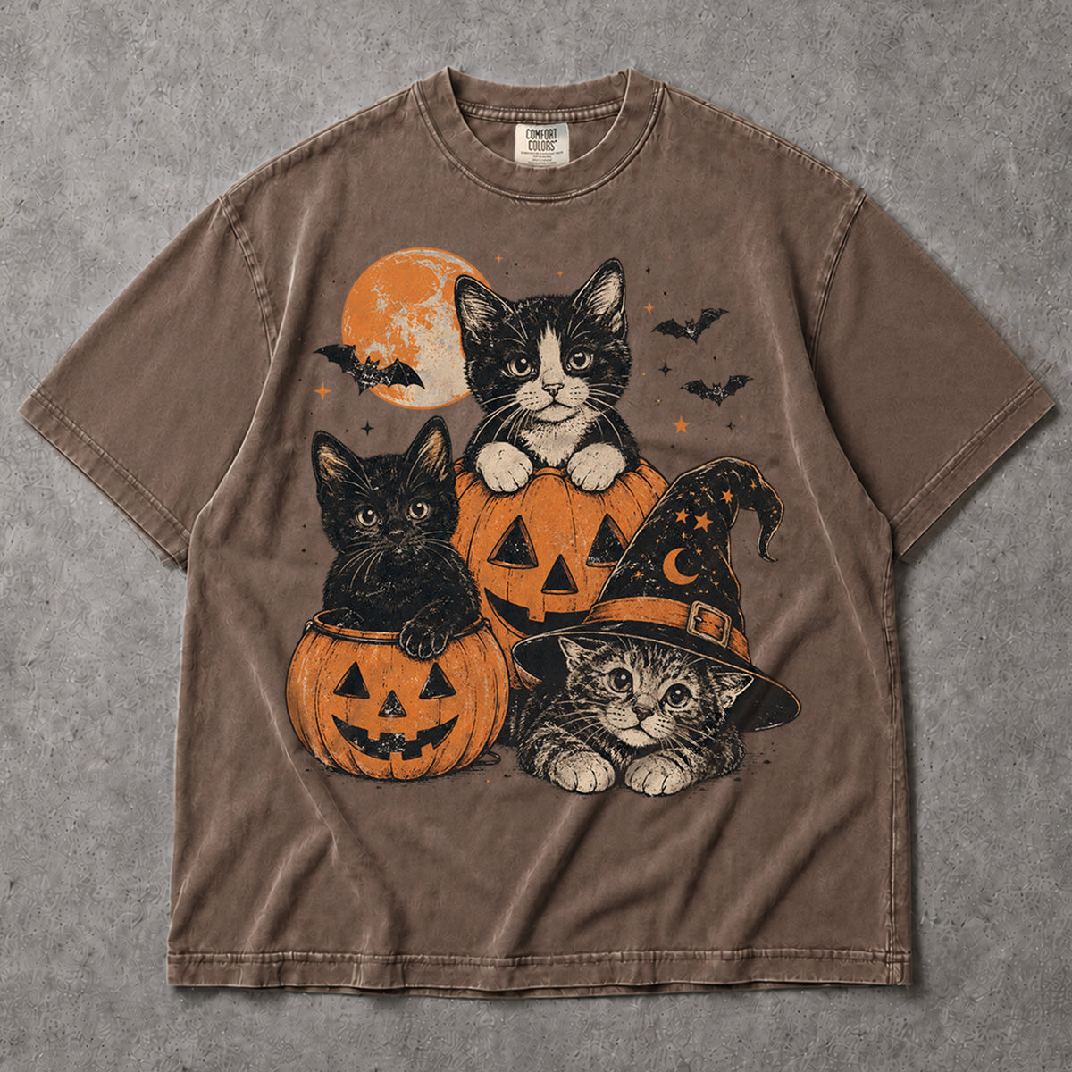 SF_COLOR=black|sport-grey|espresso; SF_ITEM=adult-t-shirt; SF_ROLE=main; Cute Cats Pumpkins T-Shirt Vintage Spooky Witch Hat Halloween Tee - Black, Sport Grey, Espresso Adult T-Shirt product image