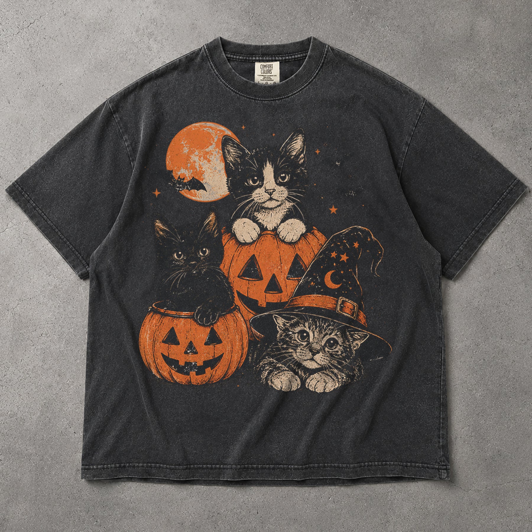 SF_COLOR=black|graphite; SF_ITEM=adult-t-shirt; SF_ROLE=main; Cute Cats Pumpkins T-Shirt Vintage Spooky Witch Hat Halloween Tee - Black, Graphite Adult T-Shirt product image