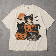 SF_COLOR=black|ivory; SF_ITEM=adult-t-shirt; SF_ROLE=gallery; Cute Cats Pumpkins T-Shirt Vintage Spooky Witch Hat Halloween Tee - Black, Ivory Adult T-Shirt product image