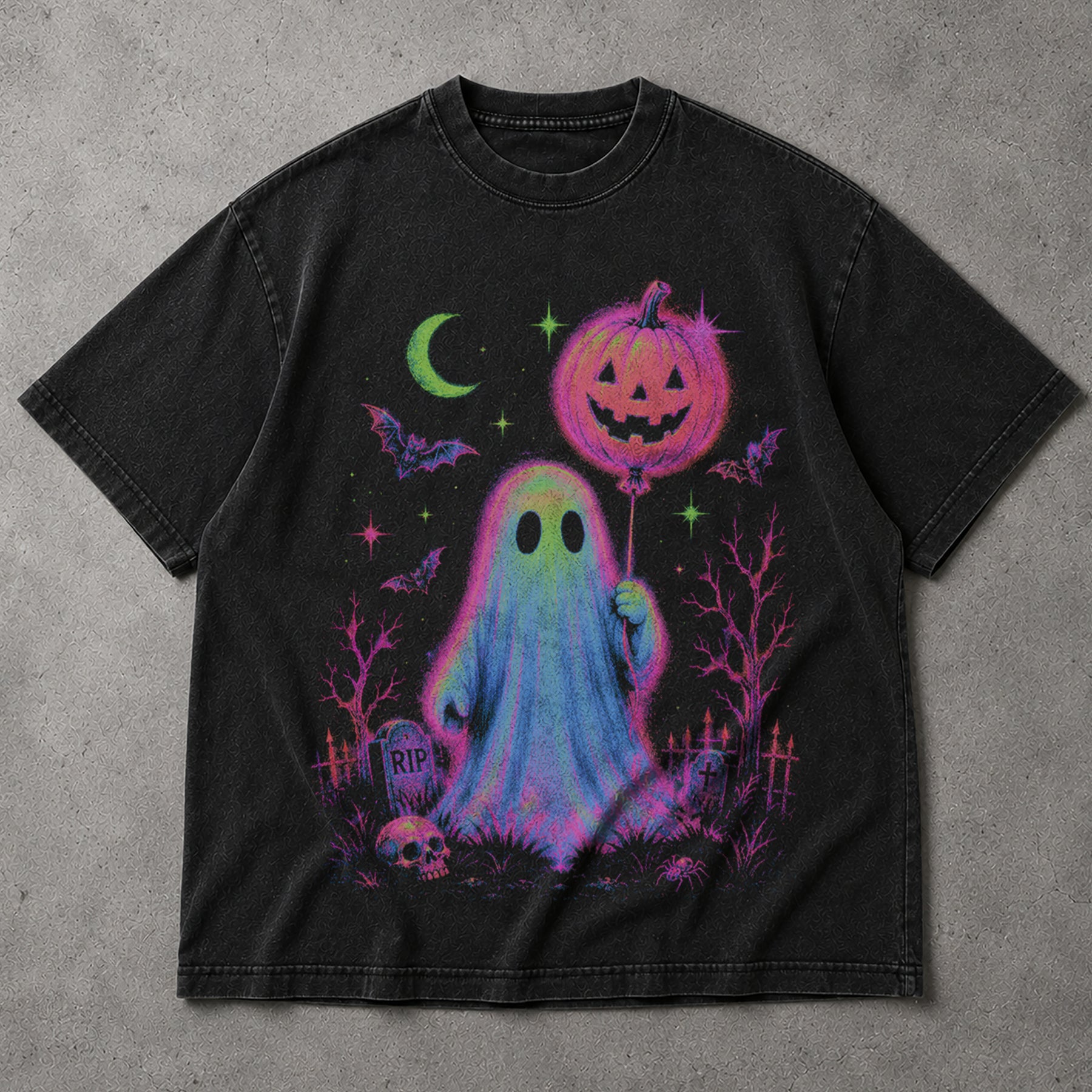 SF_COLOR=black; SF_ITEM=adult-t-shirt; SF_ROLE=main; Cute Ghost Pumpkin Balloon T-Shirt Spooky Kawaii Halloween Trick Or Treat Tee - Black Adult T-Shirt product image
