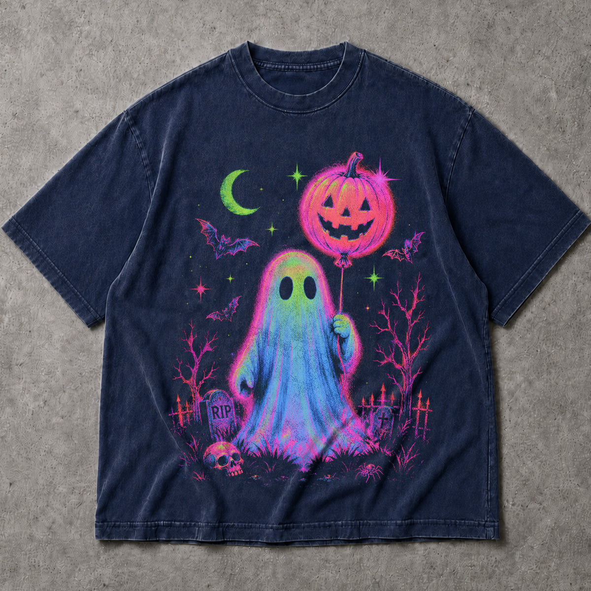 SF_COLOR=navy; SF_ITEM=adult-t-shirt; SF_ROLE=main; Cute Ghost Pumpkin Balloon T-Shirt Spooky Kawaii Halloween Trick Or Treat Tee - Navy Adult T-Shirt product image
