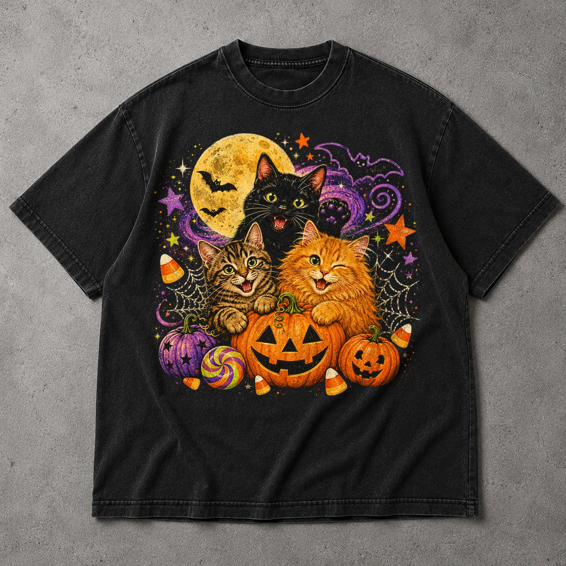 SF_COLOR=black; SF_ITEM=adult-t-shirt; SF_ROLE=main; Cute Halloween Kittens Pumpkins T-Shirt Spooky Night Stars Candy Corn Tee - Black Adult T-Shirt product image